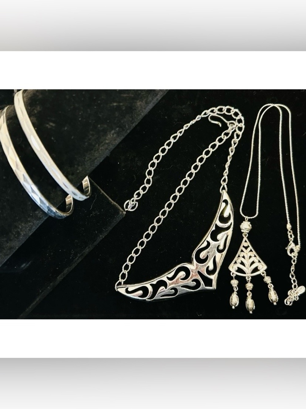 Monet Chunky Vintage Silver Tone Lot Choker and Tassel Necklace Bangles